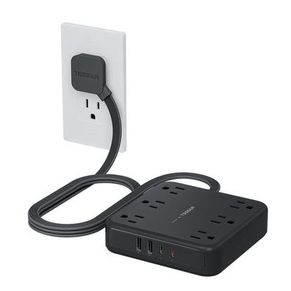 TESSAN 5Ft Power Strip with 6 AC Outlets and 3 USB Ports (2 Type-C, 1 Type-A), 125 Volts, 2100 Joules Surge Protection, Flat Plug, Model TS-PS08US00
