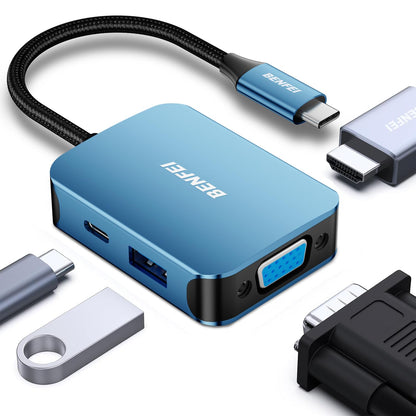 BENFEI Compact USB C Hub 4-in-1 USB Type-C to HDMI VGA Adapter 3840x2160@30Hz Limited Blue