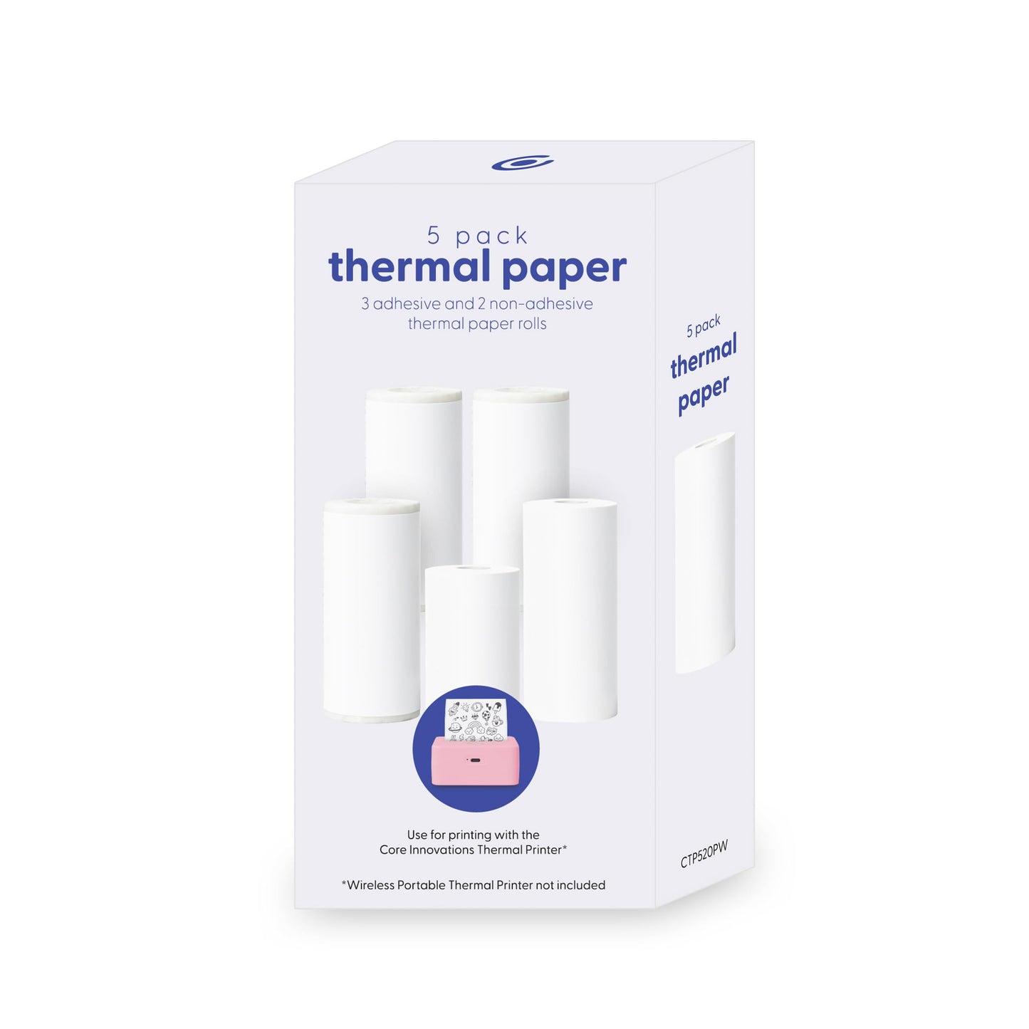 Core Innovations 2.18" x 9.85" (adhesive) / 2.18" x 18.86" (non-adhesive) Thermal Printer Paper 20lb 5 Count