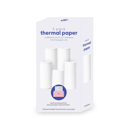 Core Innovations 2.18" x 9.85" (adhesive) / 2.18" x 18.86" (non-adhesive) Thermal Printer Paper 20lb 5 Count