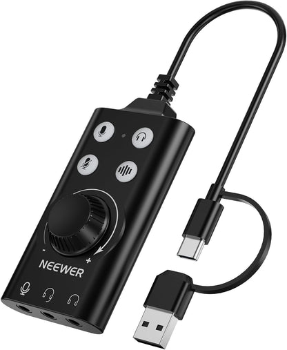 NEEWER PP07 USB C & USB A to 3.5mm External Sound Card, Portable Audio Adapter with Mute, Noise Cancellation, Volume & Gain Control
