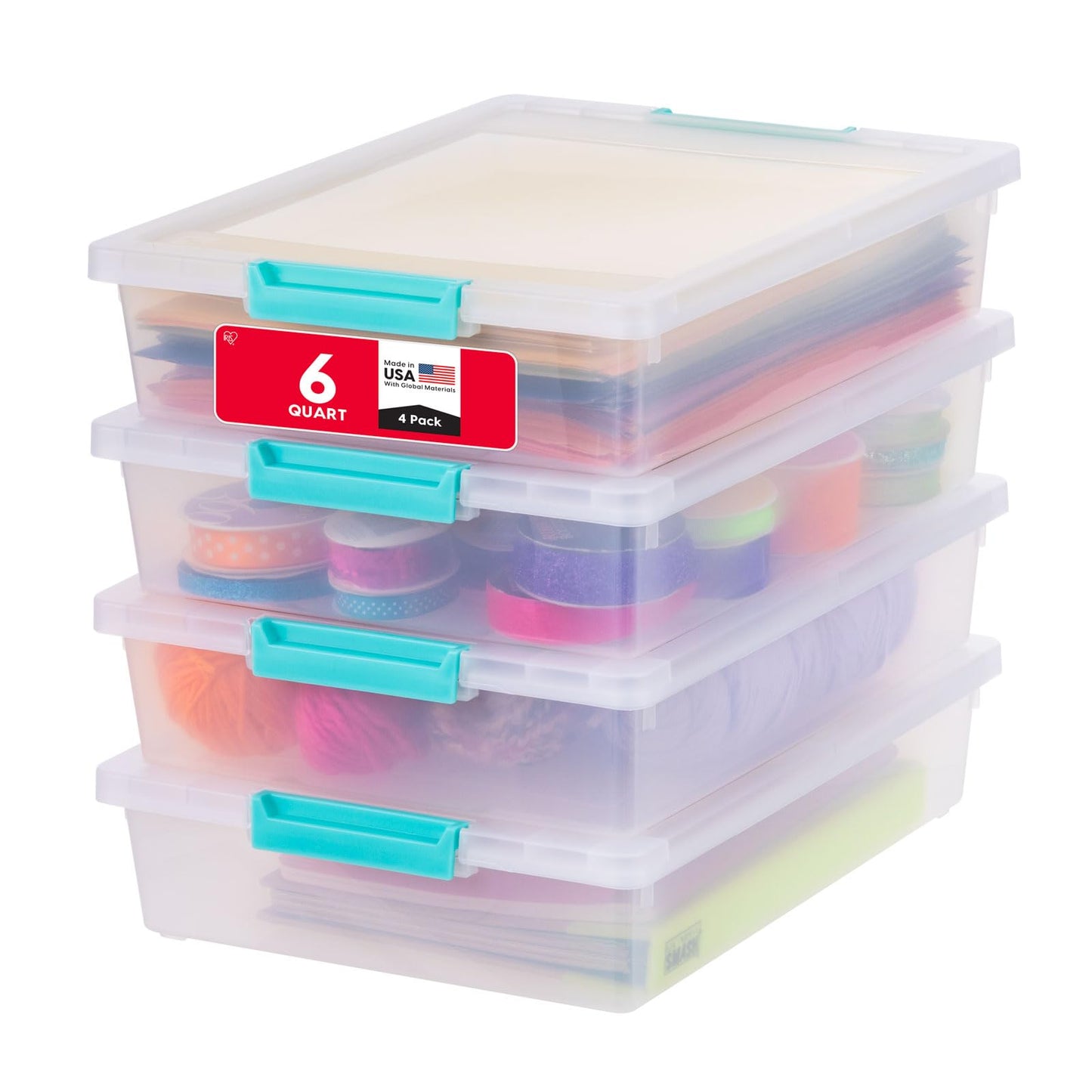 IRIS USA 6 Quart Storage Bin with Lid, Model 500169, Rectangular, Water Resistant, Clear/Seafoam Blue