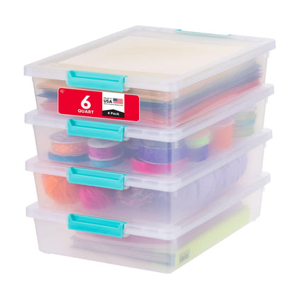 IRIS USA 6 Quart Storage Bin with Lid, Model 500169, Rectangular, Water Resistant, Clear/Seafoam Blue