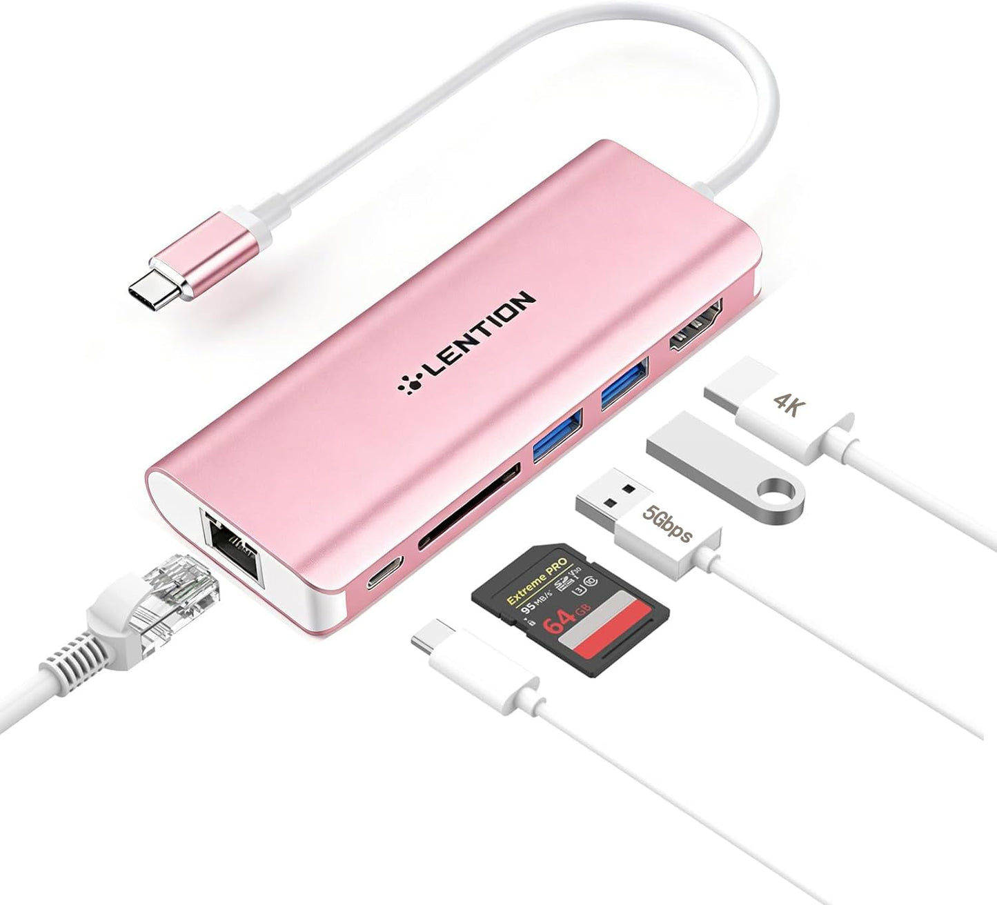 LENTION USB C Hub with 6 Ports, 4K HDMI, Dual USB 3.0, SD Card Reader, Type C Charging, Ethernet, Model CB-TP-C68-ROG-US-1