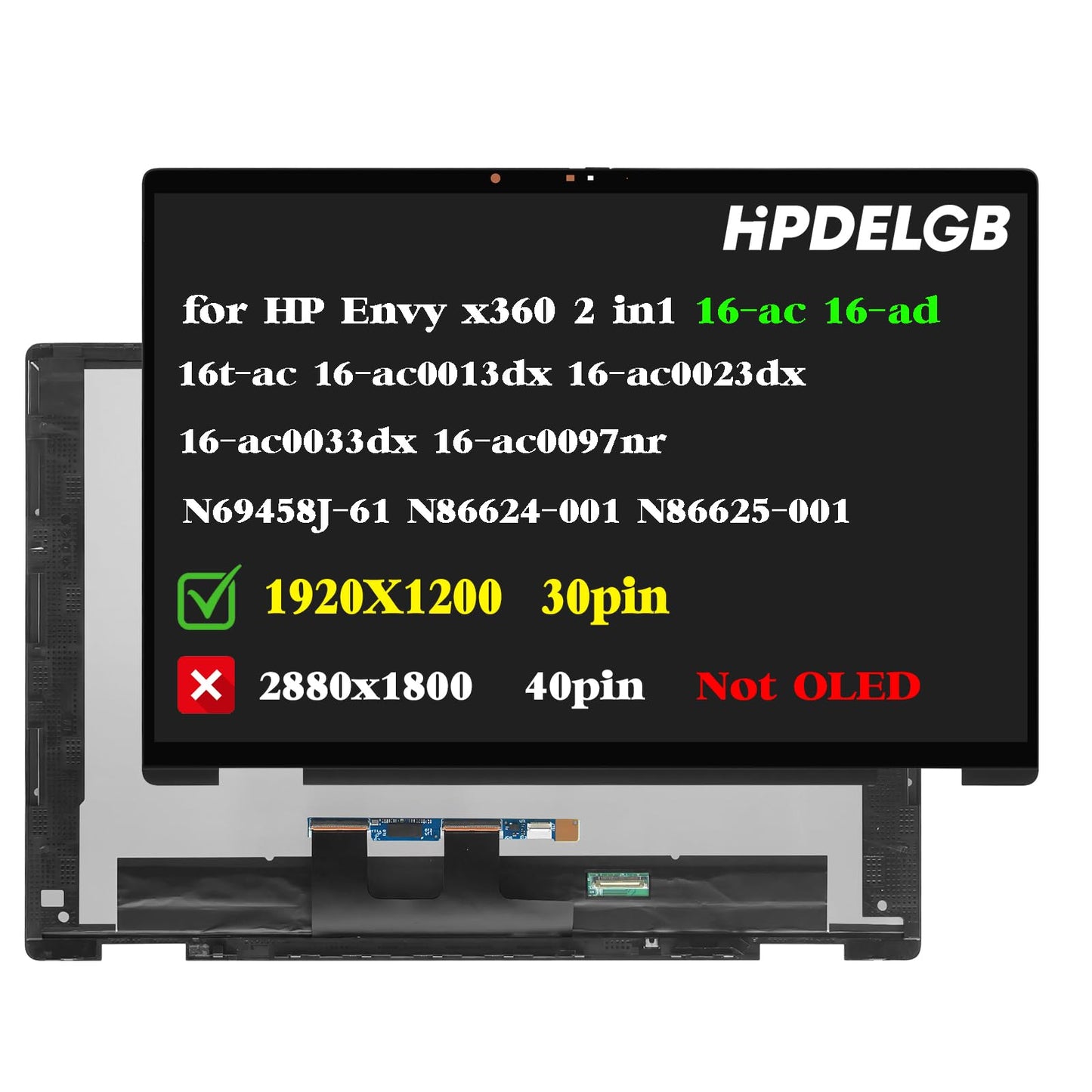 HP 16" LCD Touch Screen Display Assembly 1920x1200 60Hz EDP Panel Type