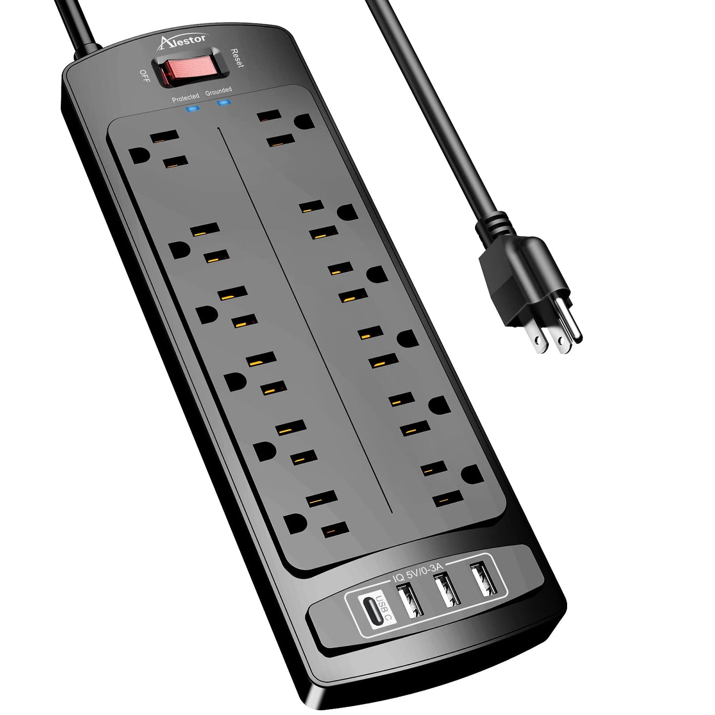 Alestor 6 Feet Power Strip PS951 12 Outlets 4 USB Ports 2700 Joules Surge Protection