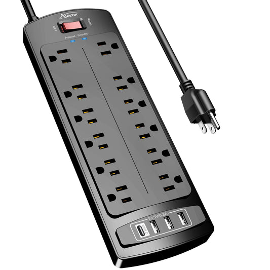 Alestor 6 Feet Power Strip PS951 12 Outlets 4 USB Ports 2700 Joules Surge Protection