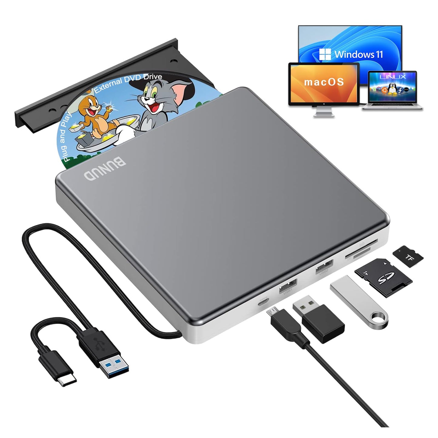 BUNUD 5.91" x 5.91" x 0.7" Model 726133312451 USB 2.0 USB 3.0 Type C External Optical Drive