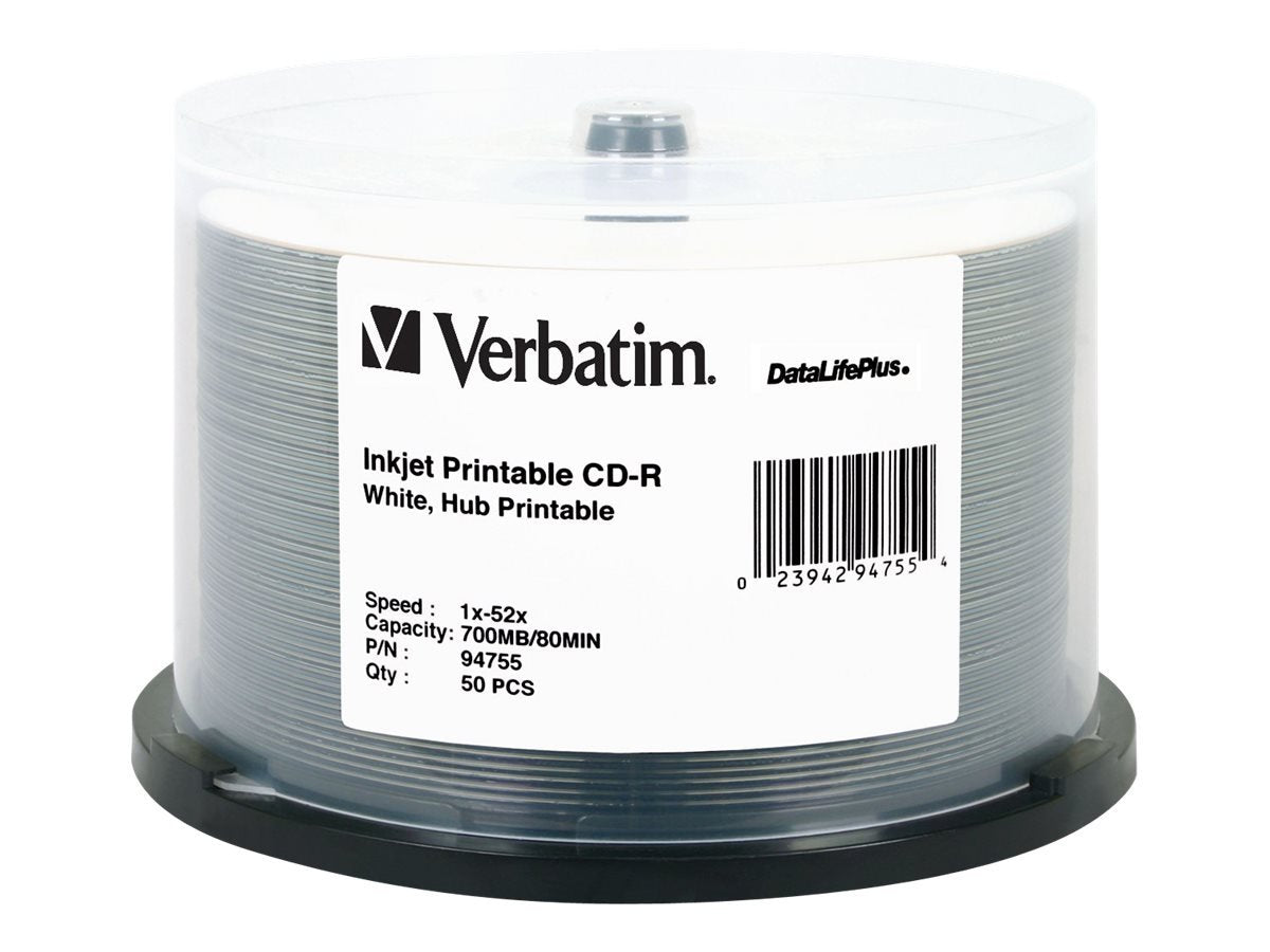 Verbatim 52X CD-R 700 MB DataLifePlus White Inkjet Printable 50 Count Spindle 94755