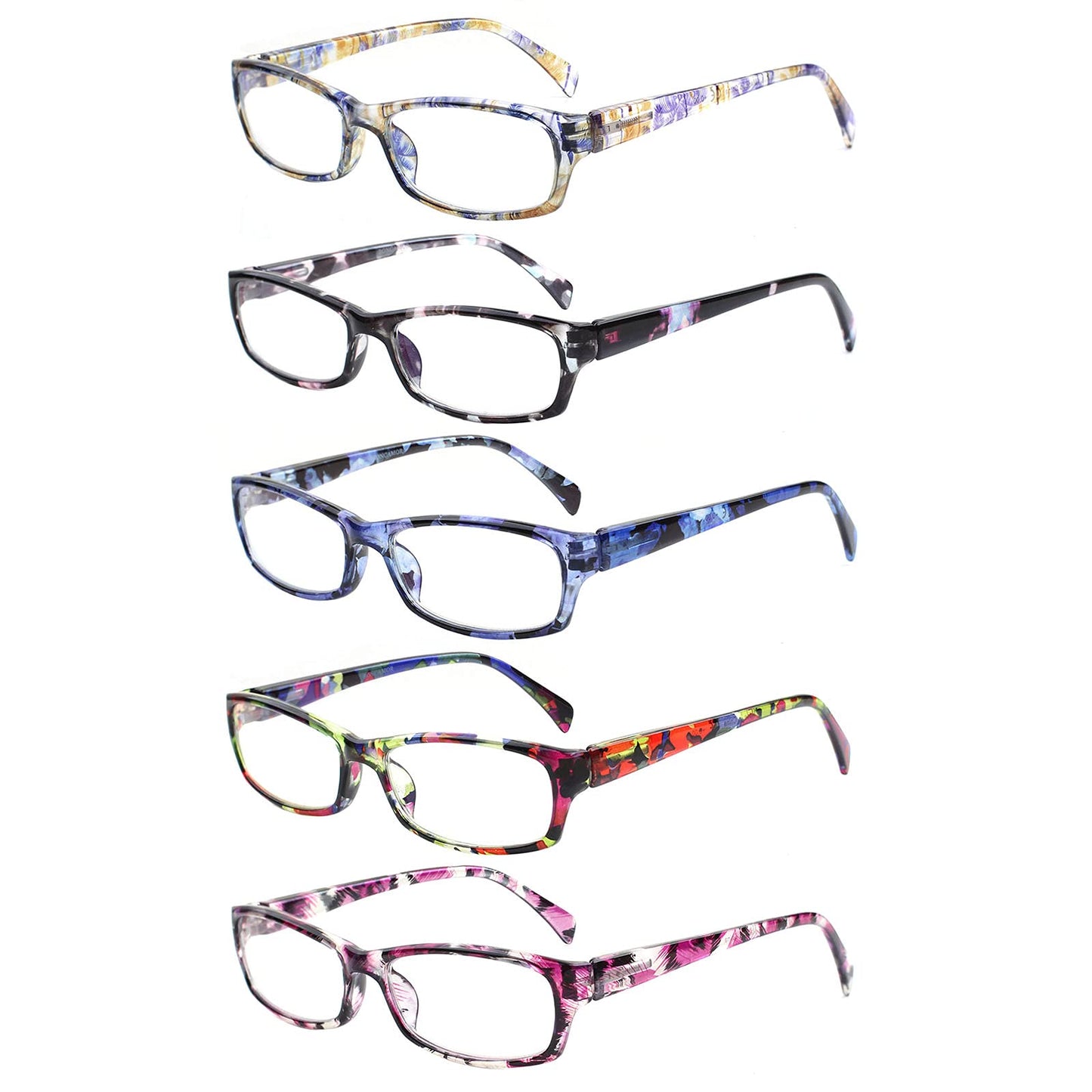 VIDEBLA 5 Count Reading Glasses 54mm Lens Width Polycarbonate Adjustable Full Rim Floral Rectangular