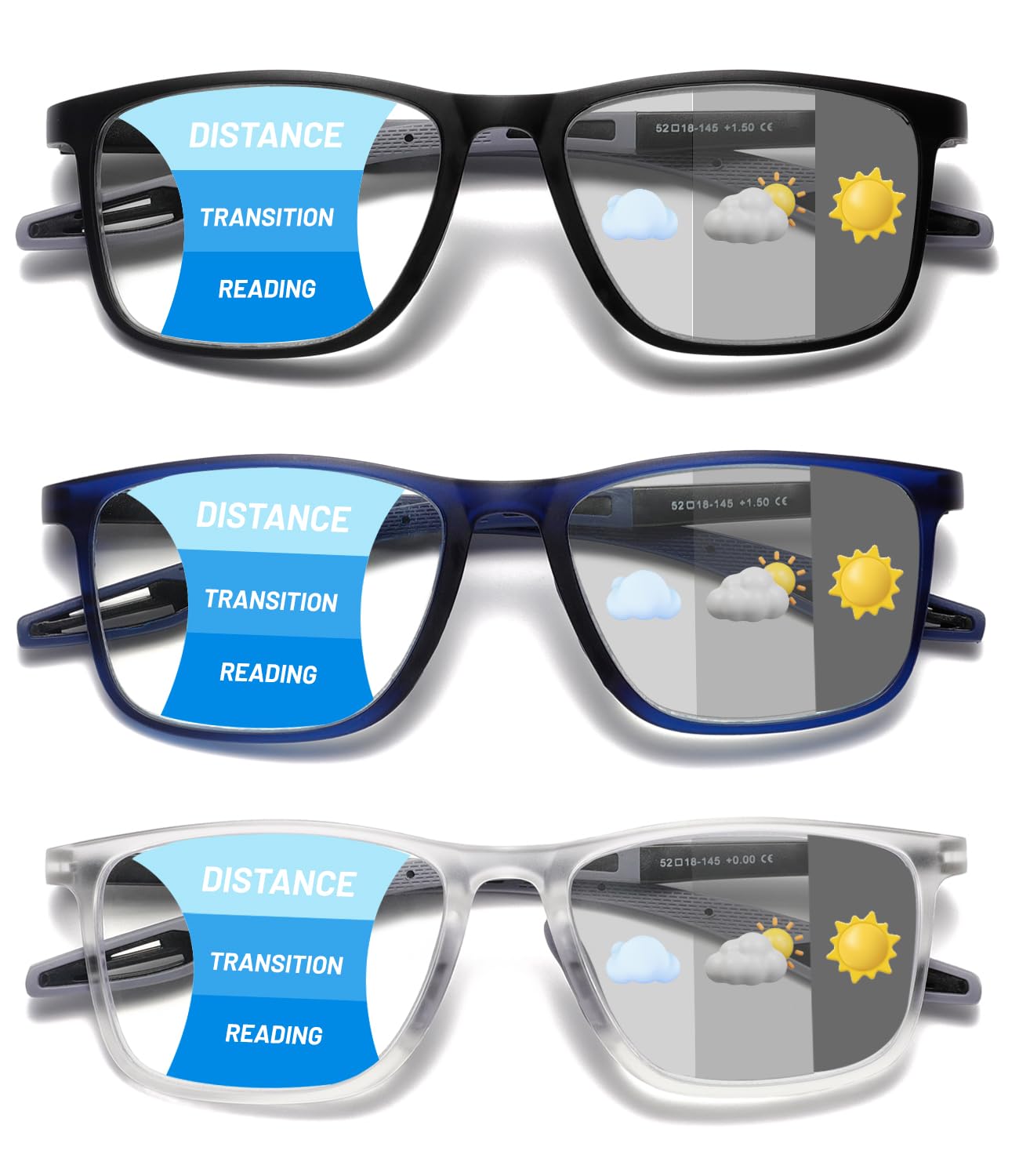 Hubeye 55mm Plastic Frame Photochromic Progressives UV400 Navy Blue Reading Glasses