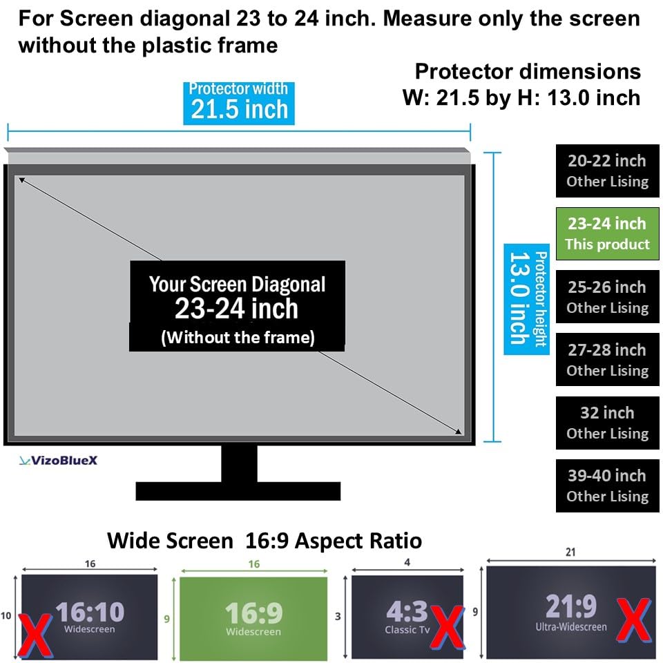 VizoBlueX 23-24" Anti-Blue Light Filter Screen Protector 21.5x13" Multi-Layer Acrylic