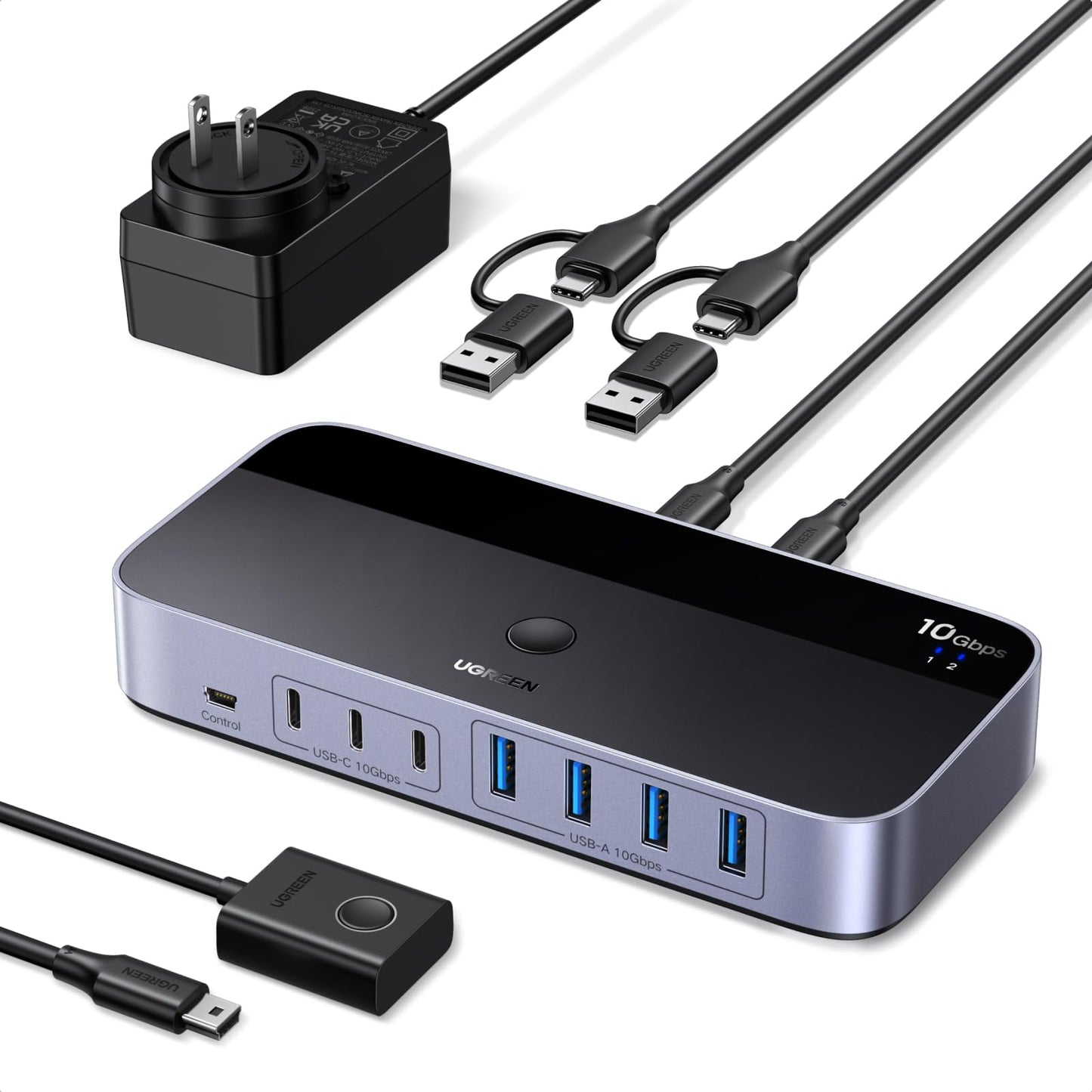 UGREEN 2-Port 7-Output USB 3.2 Switch 10 Gbps for Data Sharing - Model 75087 - Black - Plastic