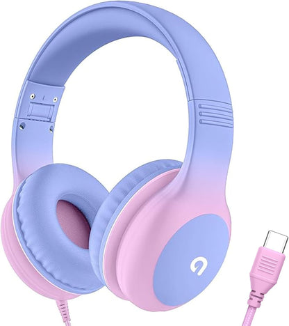 ADOOPE Wired Kids Headphones AD532 Light Purple & Pink Over Ear USB C Safe Volume 85dB