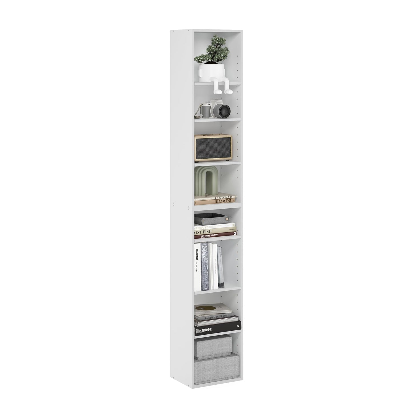 Furinno 8-Tier 24381WH Open Shelf Bookcase, 9.3 Depth x 11.8 Width x 70.9 Height, Engineered Wood, White Finish
