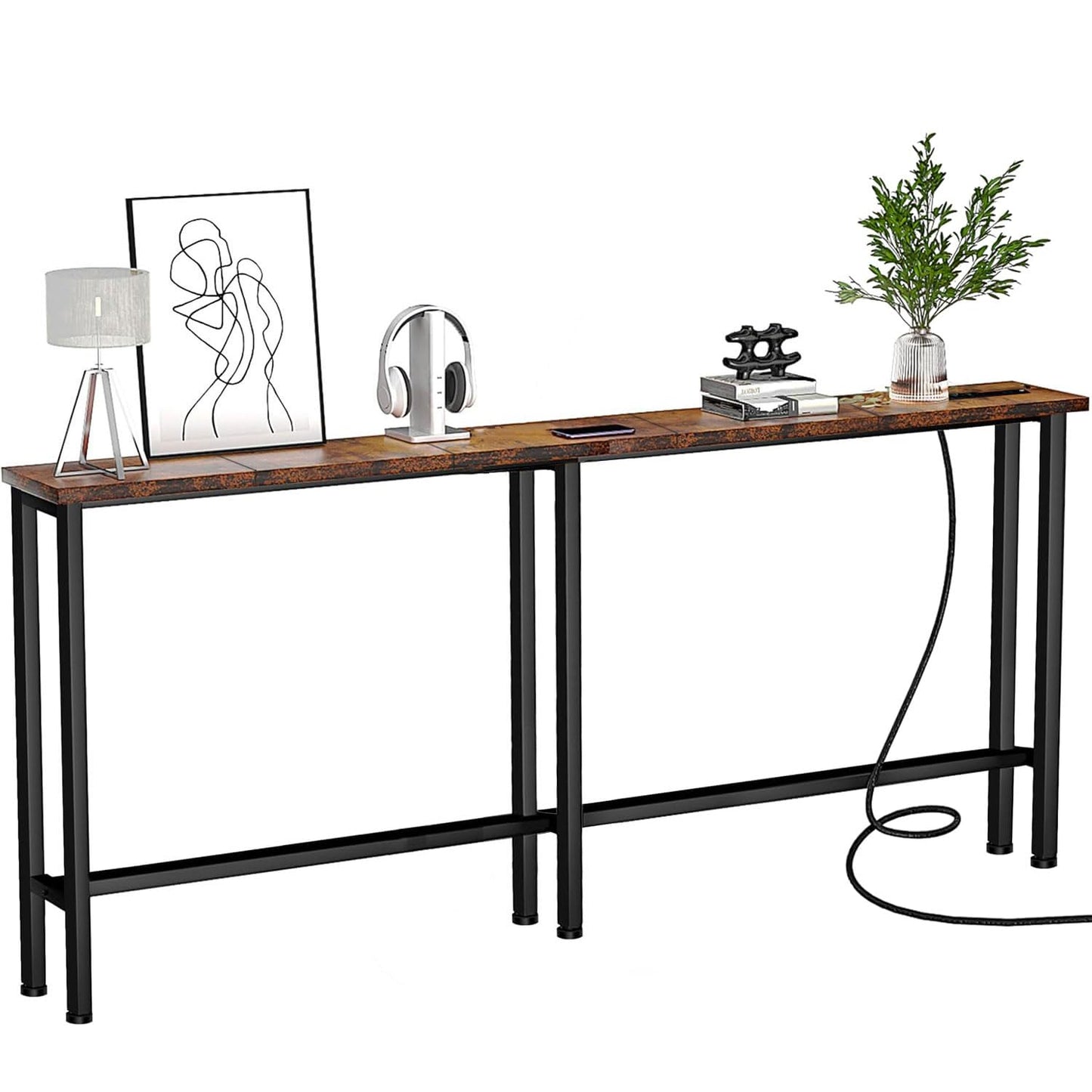 Keelian 78IN ST-78-01 Console Table with Power Outlets & USB Ports, Metal Frame, Rustic Brown