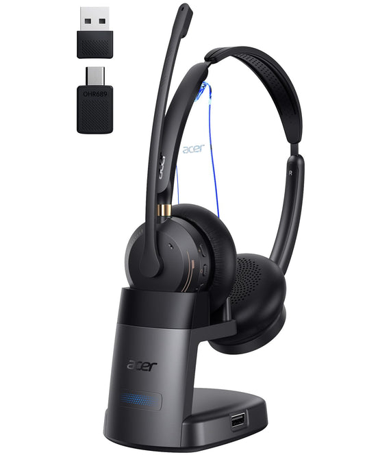 Acer OHR689 Wireless Headset Bluetooth 5.3 Dual Connectivity Office Headset, On Ear Noise Cancelling Mic, Black Golden