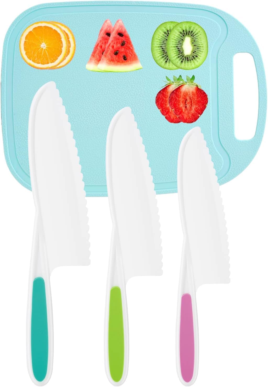 DIKAKO 4-Piece Kids Knife Set Nylon Serrated Blades with Cutting Board
