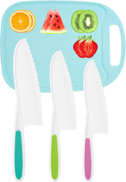 DIKAKO 4-Piece Kids Knife Set Nylon Serrated Blades with Cutting Board