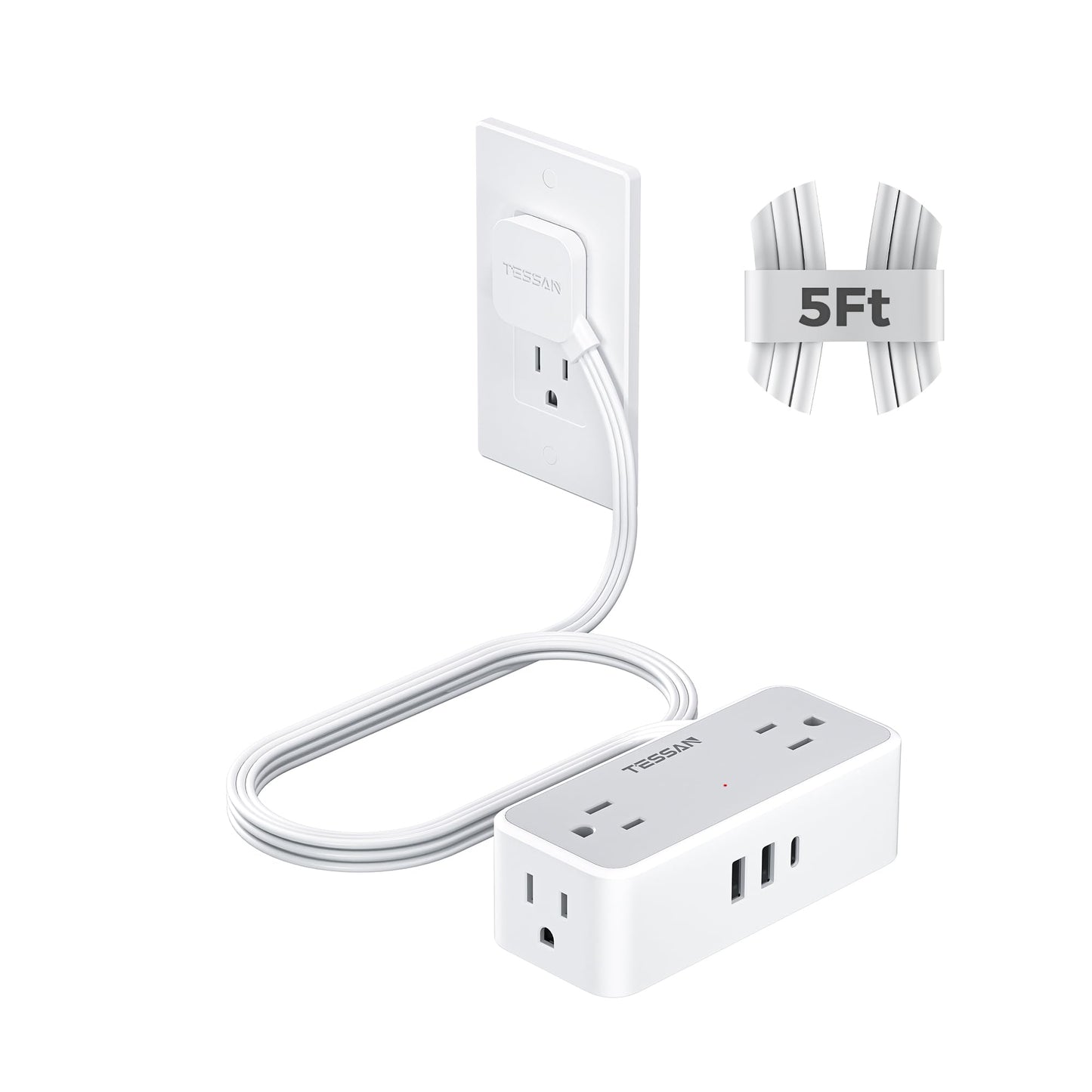 TESSAN 5 FT Extension Cord Model TS-1020-C with 4 AC Outlets and 3 USB Ports