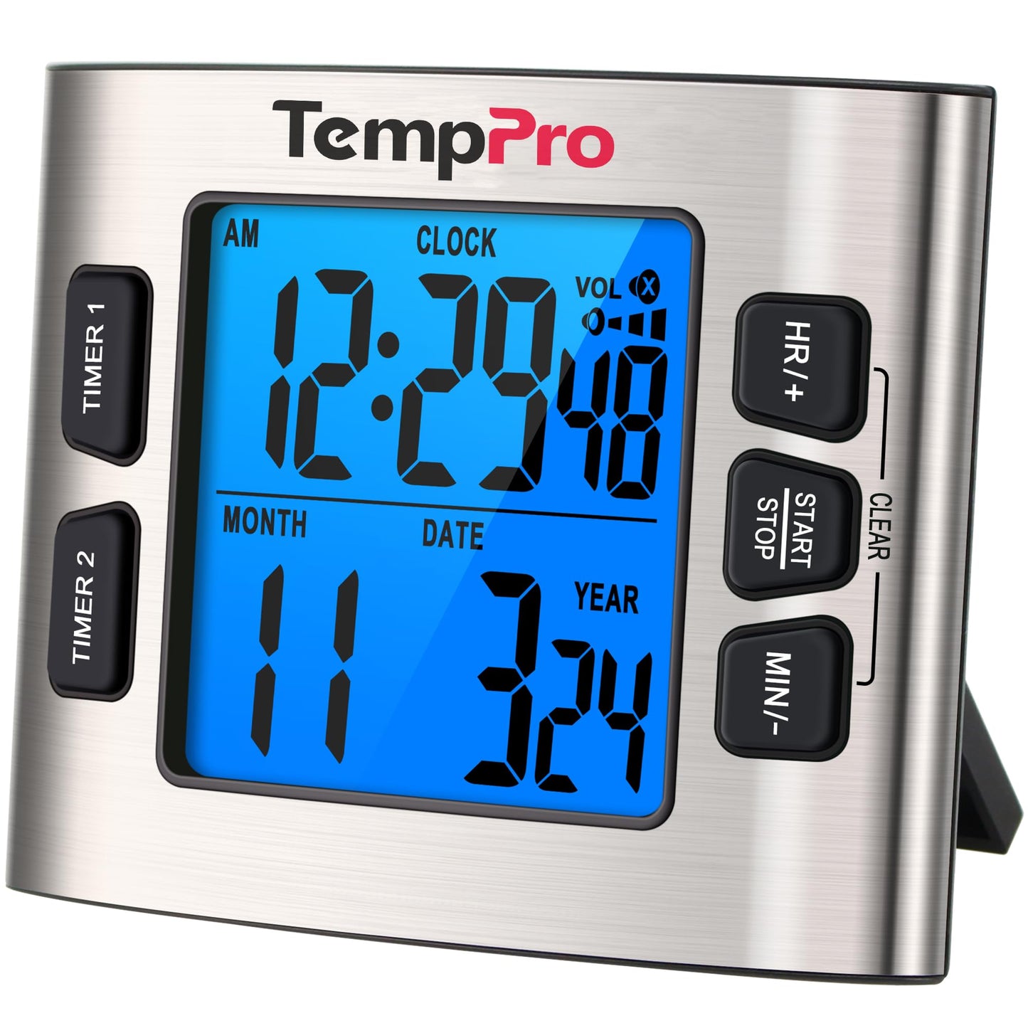 TempPro TM02 24-Hour Digital Timer 2 Countdown 1.5" LCD Display Stainless Steel Timer