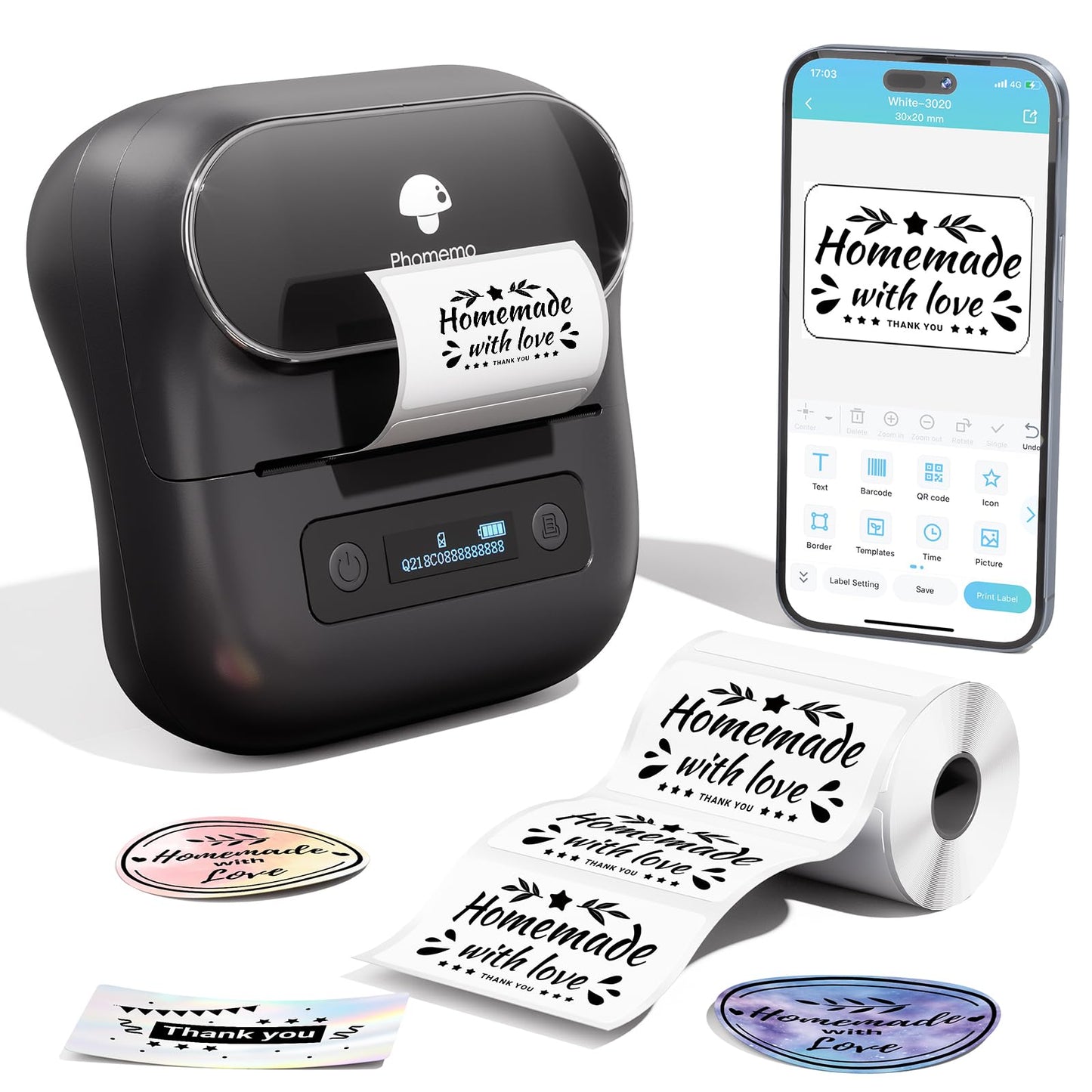 Phomemo M220 Thermal Label Printer, 203 x 203 DPI, Monochrome, Bluetooth & USB Connectivity, Portable Thermal Printer