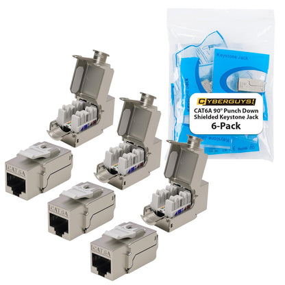 Cyberguys! 90° Shielded CAT 6A Keystone Jacks 6-Pack, Die-Cast Metal Housing, 10Gbps High-Speed, ULCertified