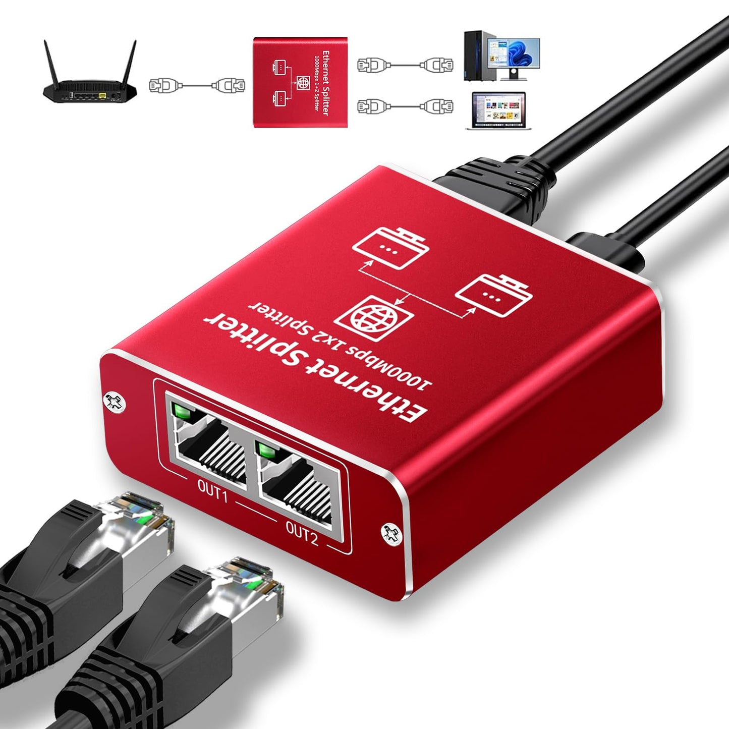 Goalake Ethernet Splitter 1 to 2 1000Mbps Dual LAN RJ45