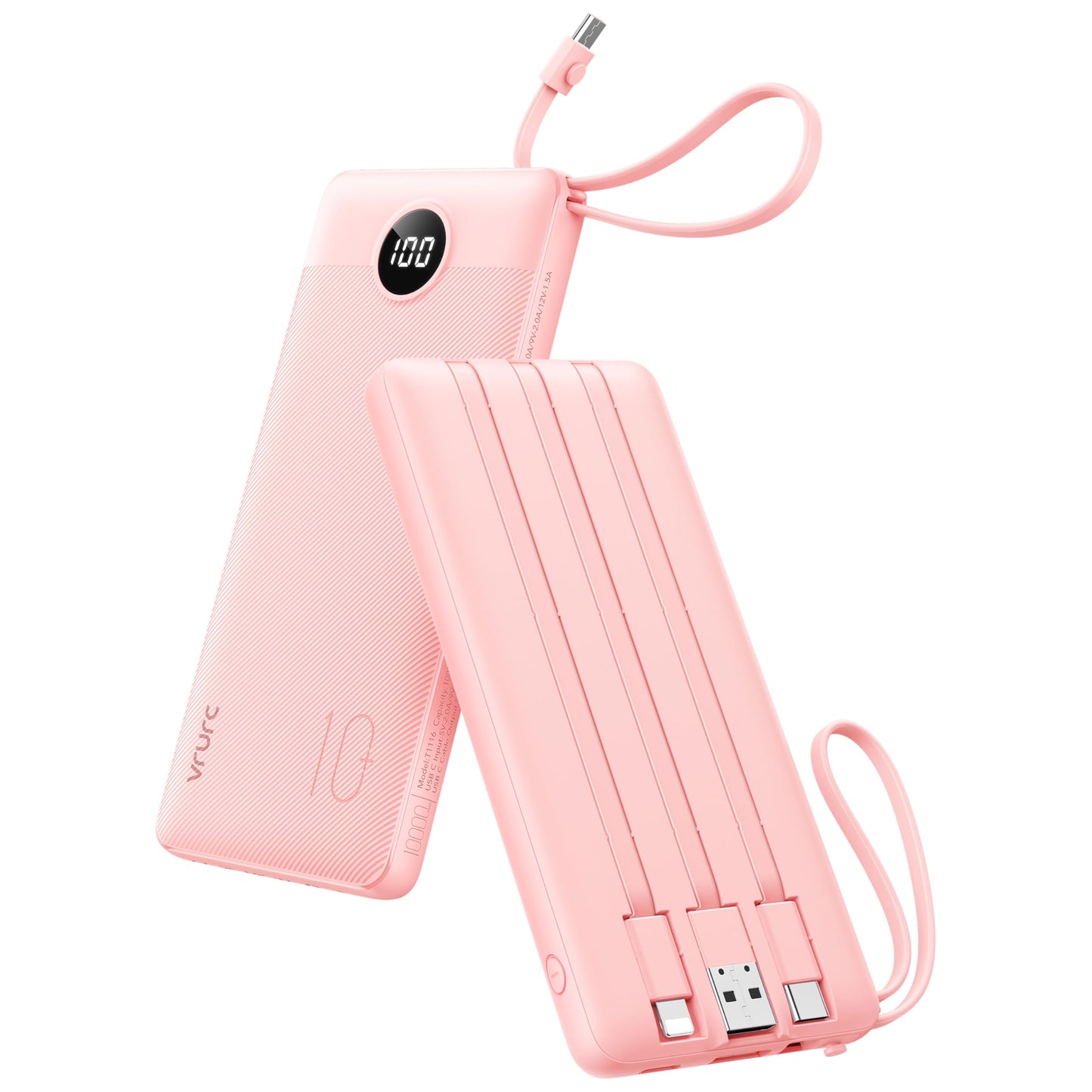 VRURC 10000mAh Portable Charger T1116 Slim Travel Power Bank with Built-in Cables, USB Type-C/USB-A/Micro for iPhone Cables