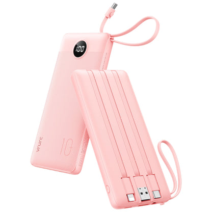 VRURC 10000mAh Portable Charger T1116 Slim Travel Power Bank with Built-in Cables, USB Type-C/USB-A/Micro for iPhone Cables