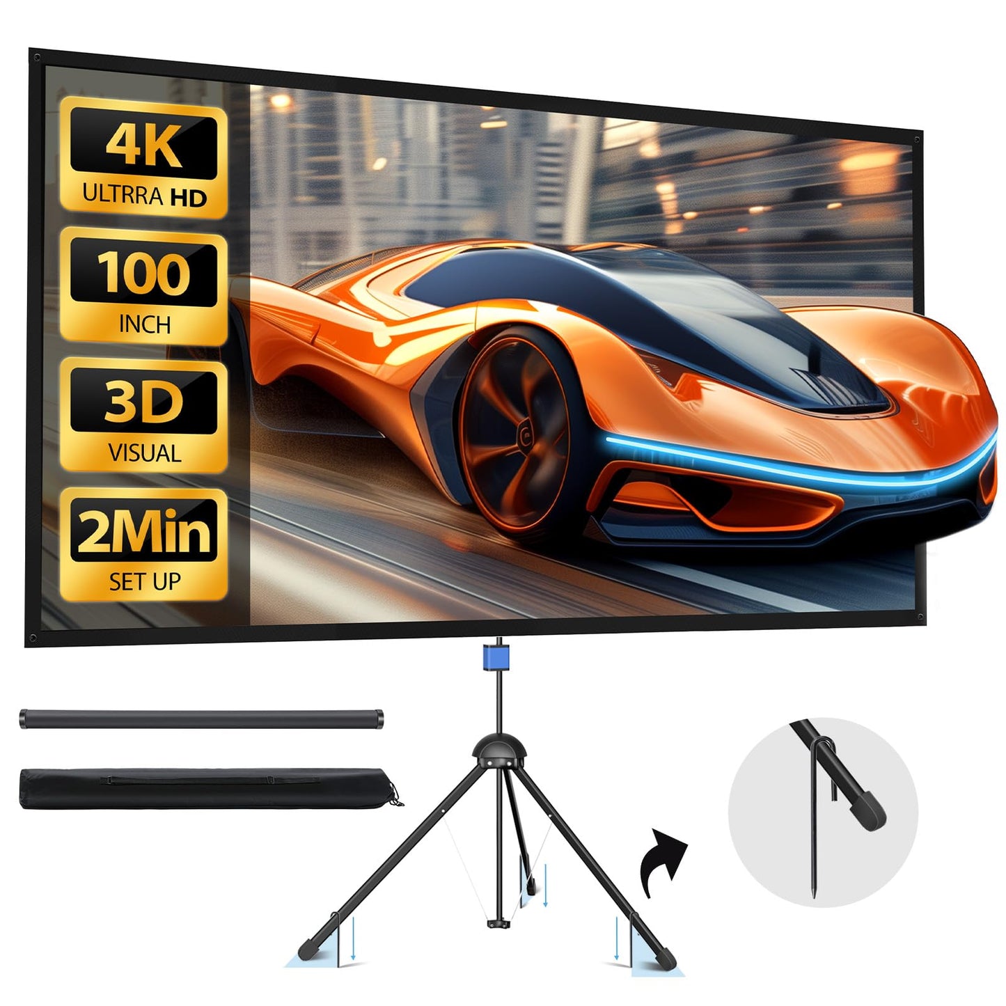 HYZ 100" NB-HP007 Projector Screen Tripod Mount 160° Viewing Angle Manual Metal White