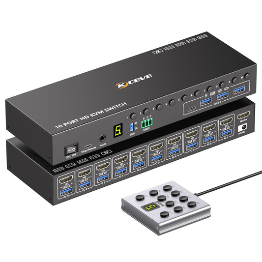 ANGEET 10 Ports KVM Switch 4K@60Hz 10-way HDMI with USB 3.0 Connectors