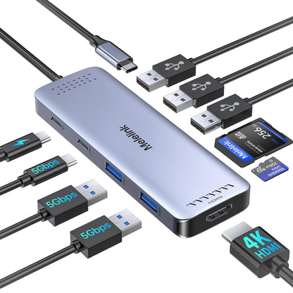 Melelink 10 Port USB C Docking Station 4K@60Hz HDMI Aluminum Multiport Hub