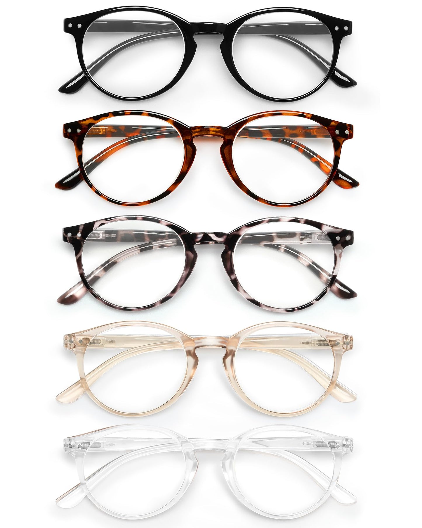JOLISU 5 Count Reading Glasses 2 Diopters Round Full Rim Plastic Frame Black, Transparent, Leopard, Tortoise, Orange