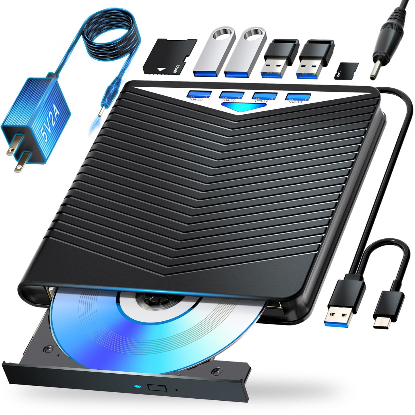 Dainty External Blu-ray Drive 7-in-1 USB 3.0 Type-C Compatible for BD/DVD/CD Read/Write Windows 7-11 Mac OS Black