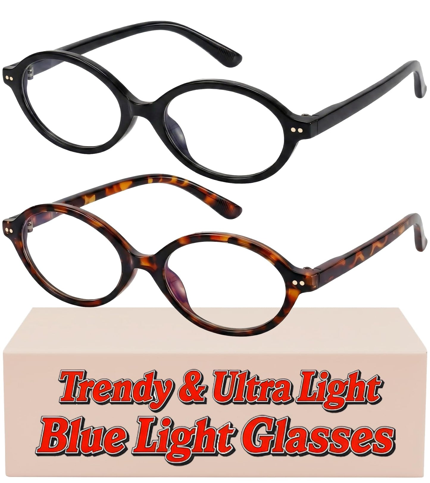 Bossace 2 Count BR301 Blue Light Blocking Glasses, Oval Shape, TR90 Frame, UV Protection, Anti-Glare, Lightweight