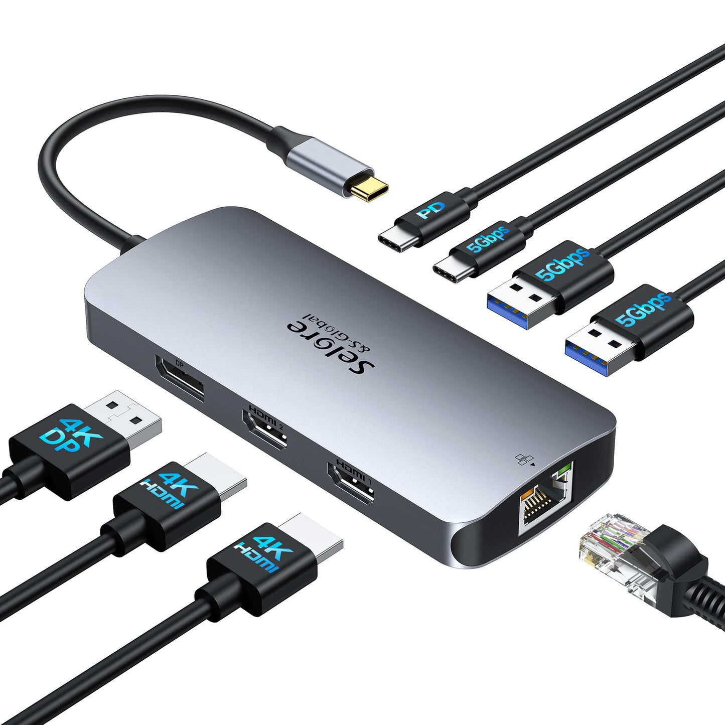 Selore&S-Global UC0517 USB C Docking Station 8 Ports Dual Monitor 4K Display