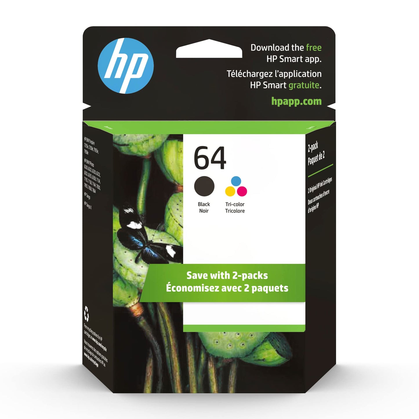 HP 64 Ink Cartridge Combo Pack Black & Tri-Color 200 Page Yield Compatible with Series: ENVY Inspire 7955e, 7958e; ENVY Photo 6200, 7100, 7800; Tango X