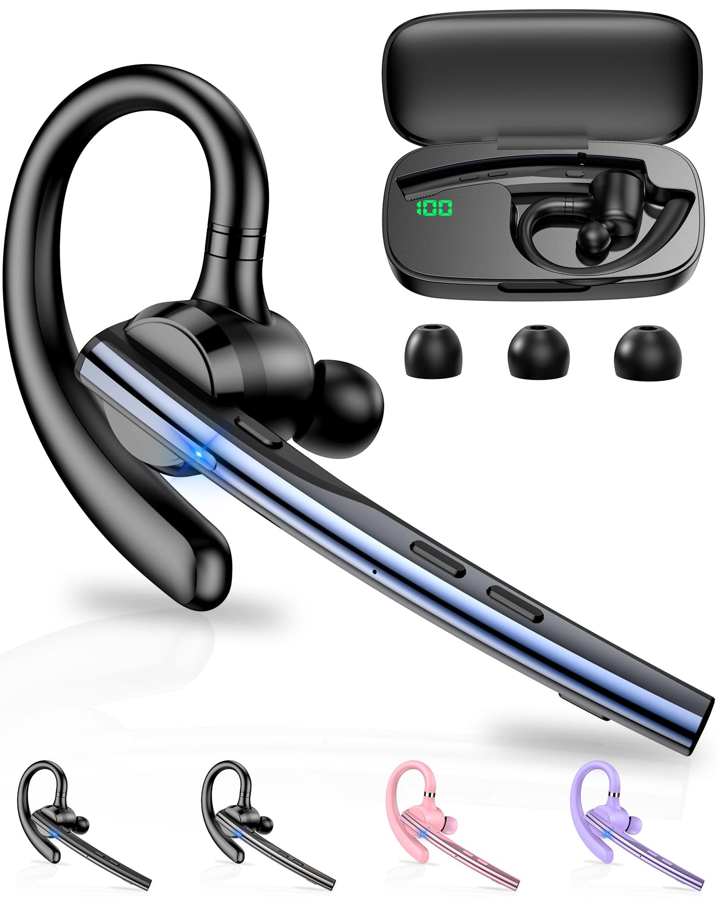 New Bee Bluetooth Headset V5.1 72H Talk Time Dual Microphone Wireless Earpiece with 500mAh Charging Case