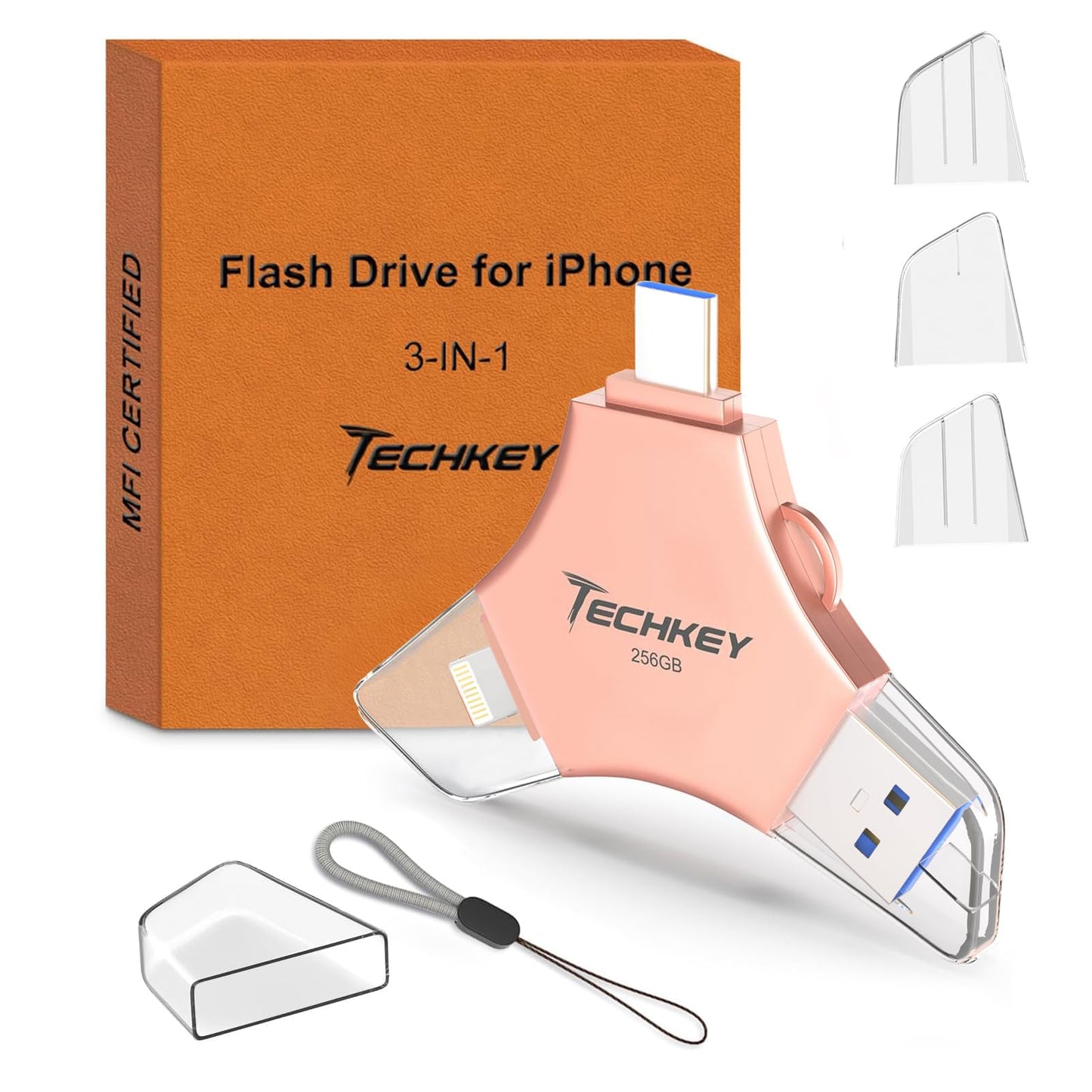 Techkey 256GB Flash Drive USB/Lightning/Type-C External Storage for iPhone, Android, PC - Pink