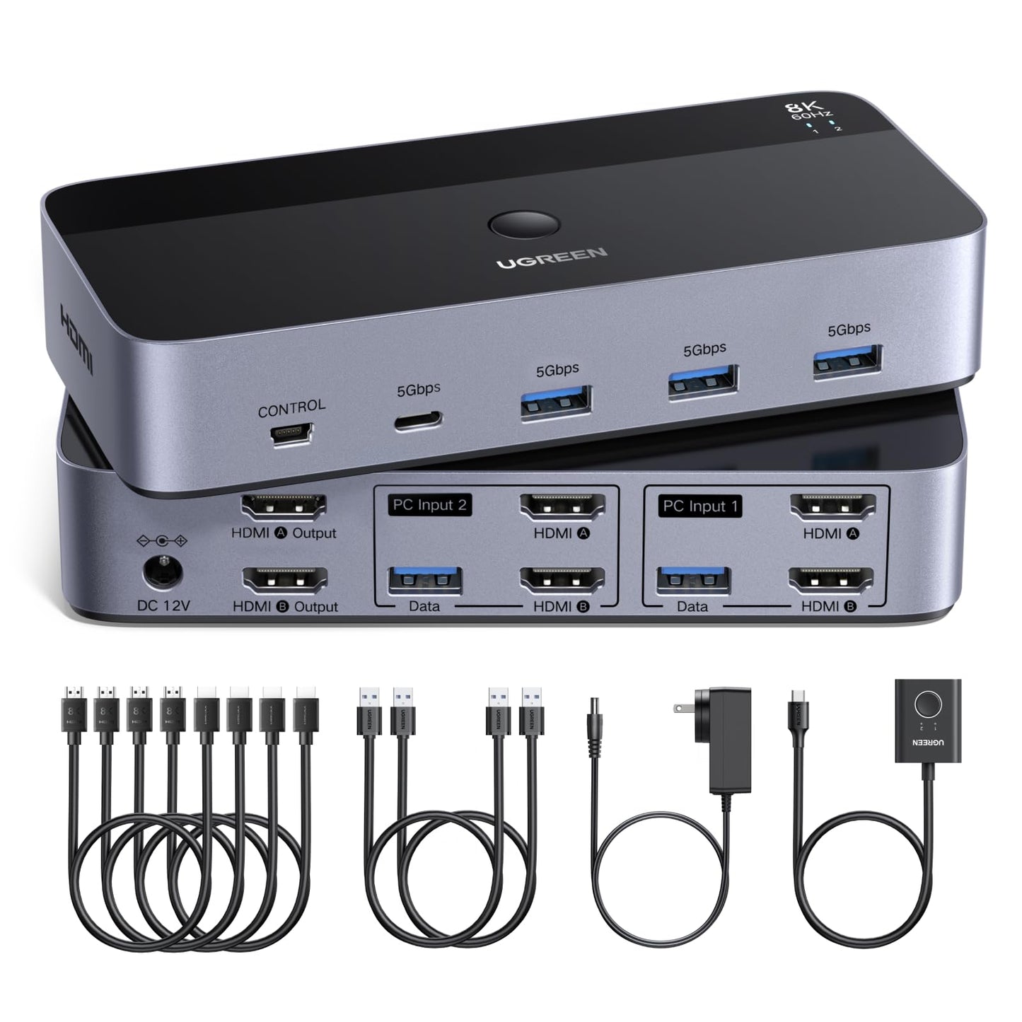 UGREEN 2-Port KVM Switch Model AK703 12V DC 2A Normally Open Plug In Surface Mount