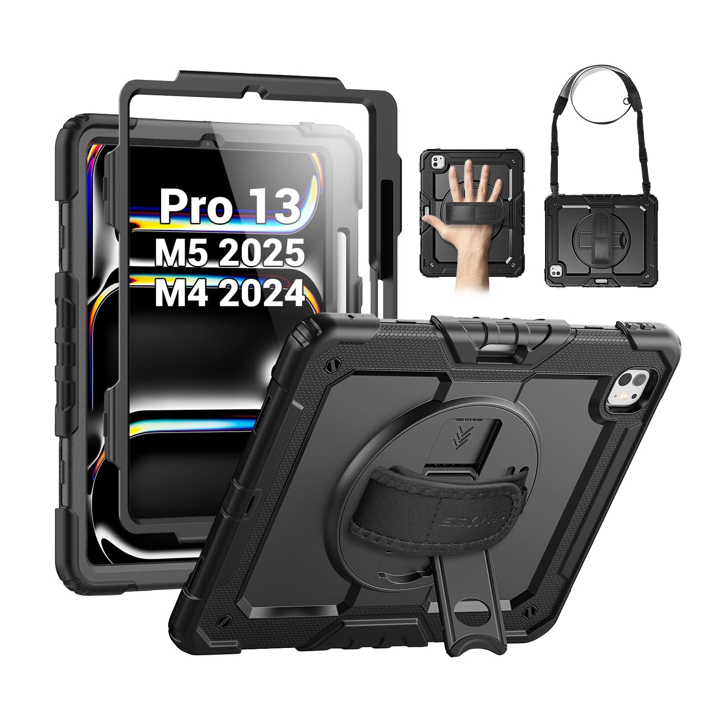 SEYMAC Case for iPad Pro 13 Inch 2024/2025 (Model: A2925/A2926/A3007), Heavy Duty Protective Case with Built-in Screen Protector, Kickstand, Hand/Shoulder Straps