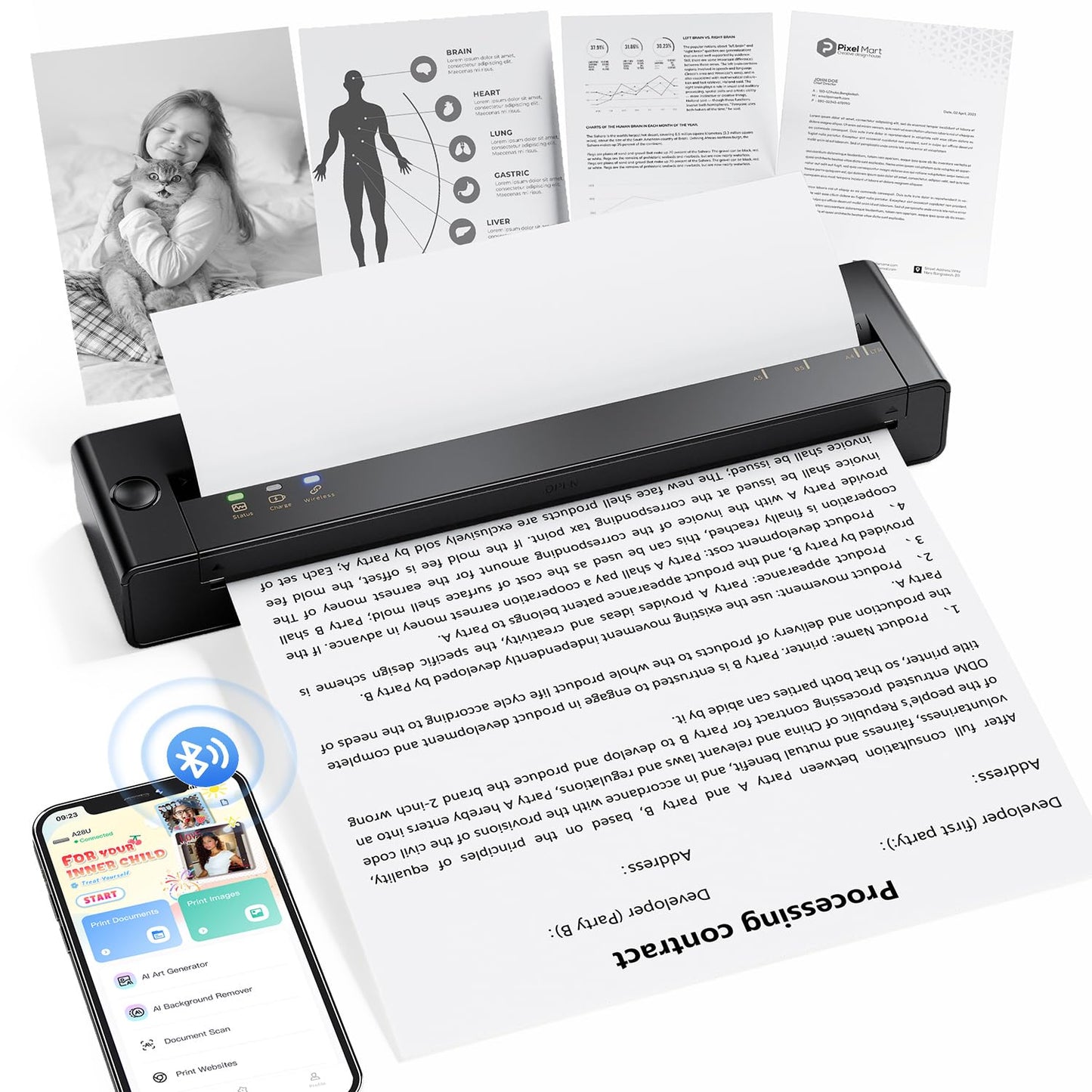 TATTMUSE 8.5" Portable A28U 203DPI Thermal Printer Monochrome