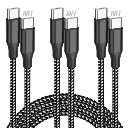 Bkayp 10ft USB C to USB C Cable 60W Power Delivery 3-Pack Fast Charging