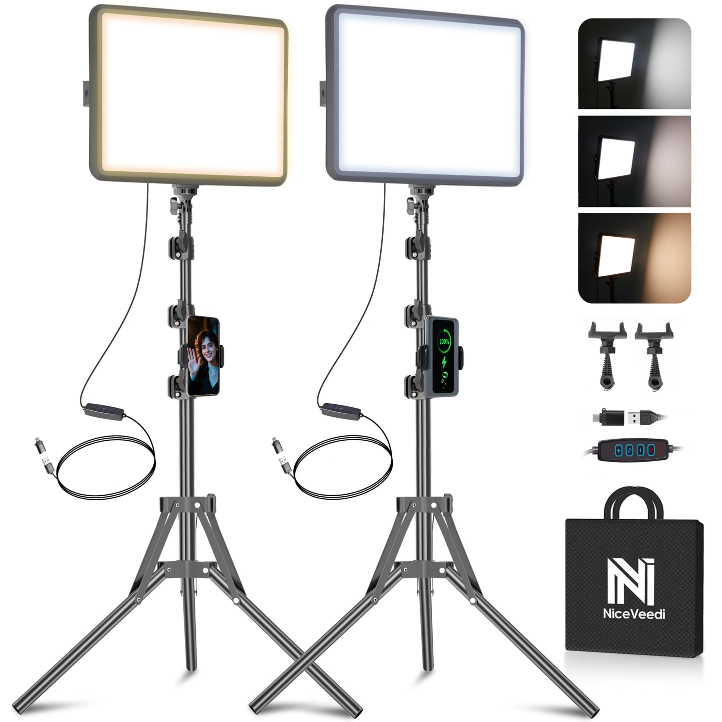 NiceVeedi 2 Count NV-15WHT 2800K-6500K LED Video Light Kit