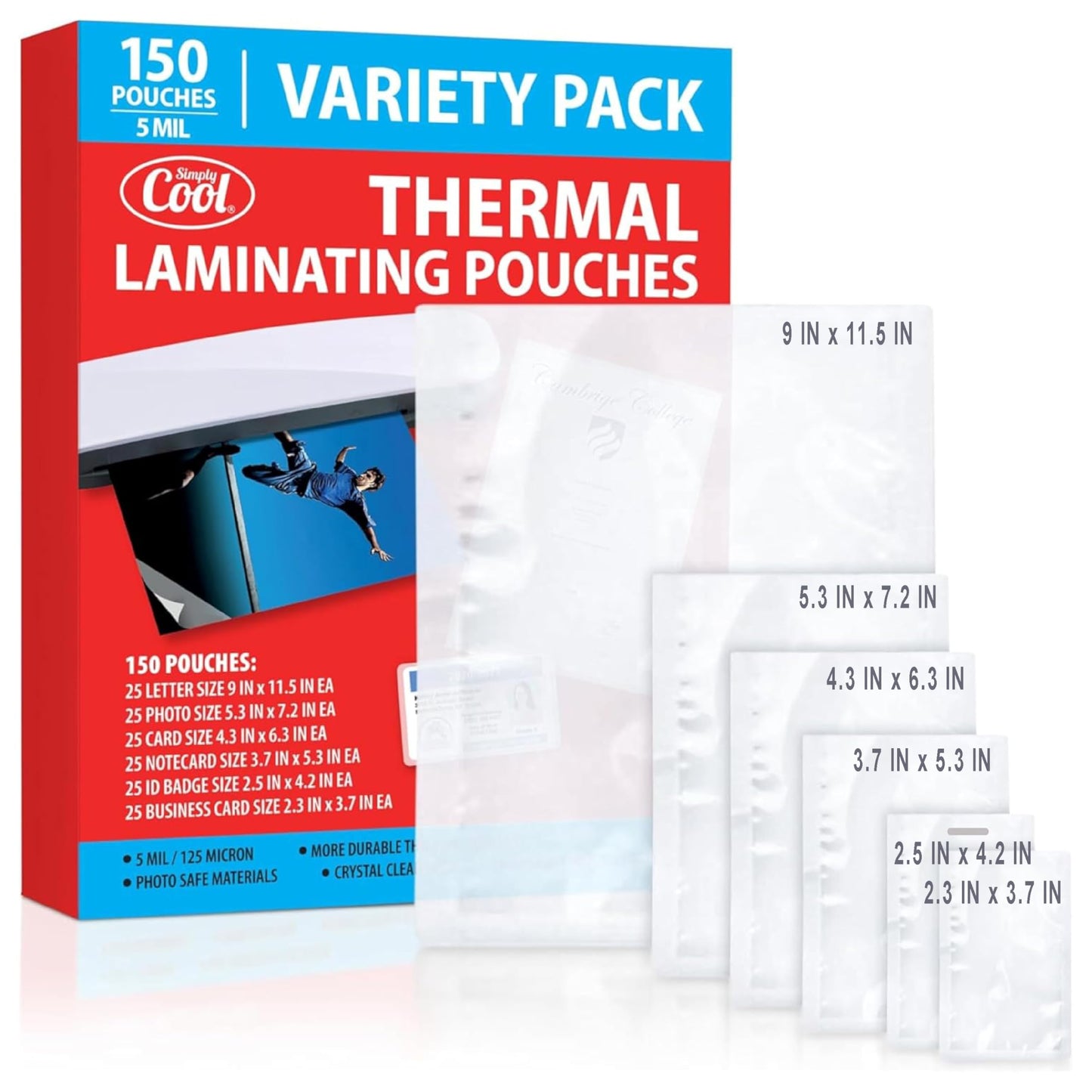 Simply Cool 150 Count 5MIL Laminating Sheets Multi-Sized Pouches for Letter, ID Badge, and Card