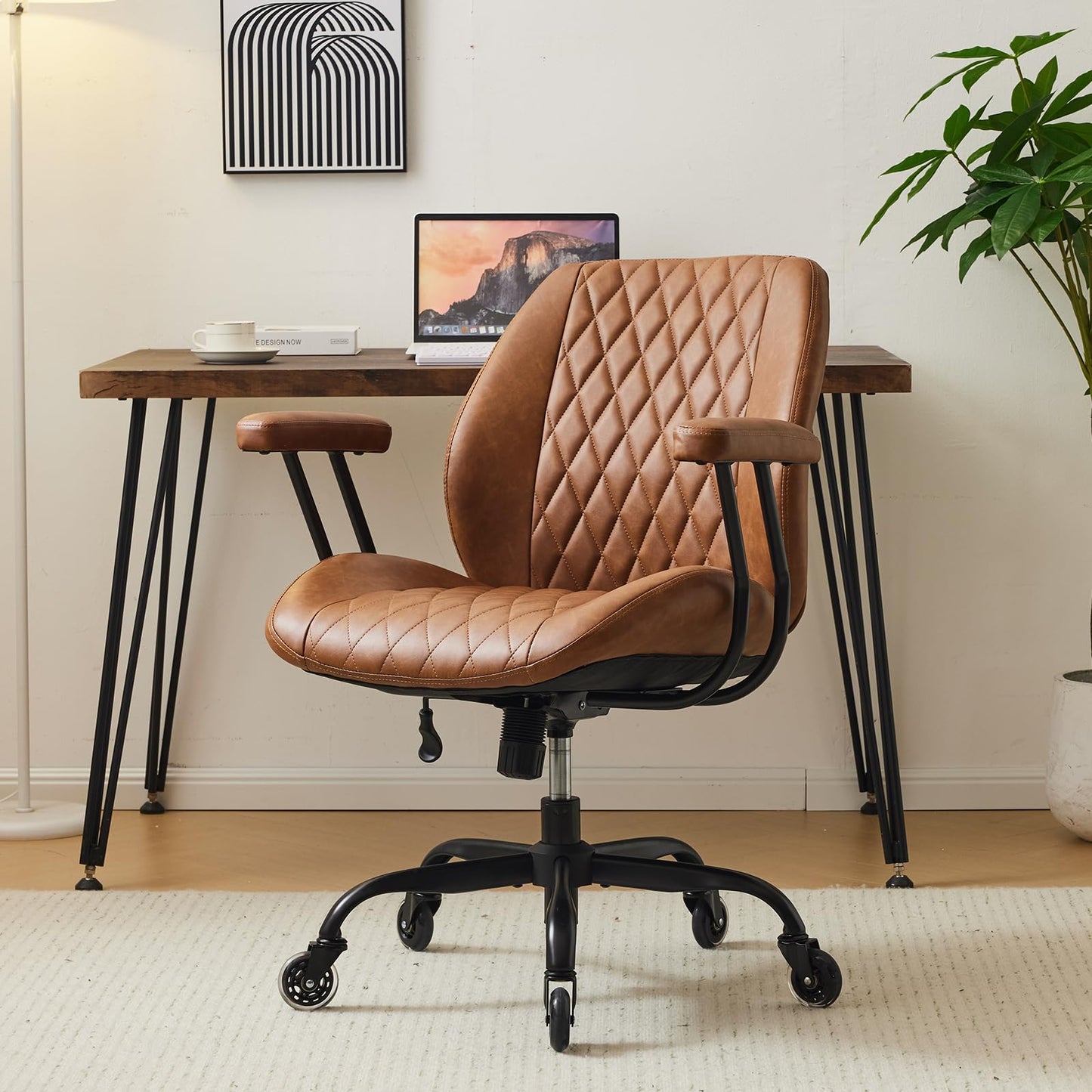 YFO Mid Back Brown Leather Office Desk Chair 871baca1-456e-4f6d-bbf7-bbea23361e6f