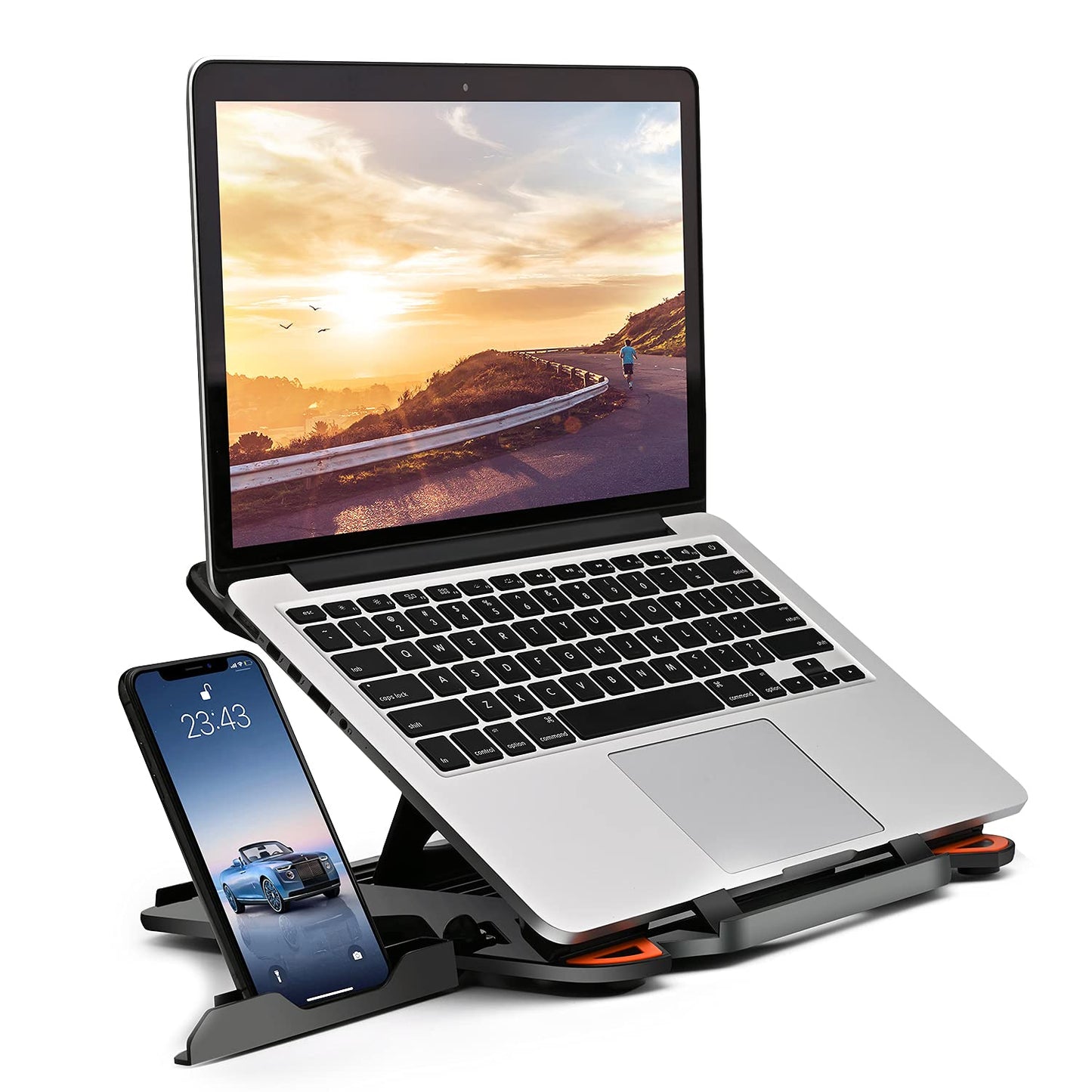 KENTEVIN 10-17" Laptop Stand & Phone Mount Adjustable Ergonomic Foldable - Model XMLSR - Black - Portable