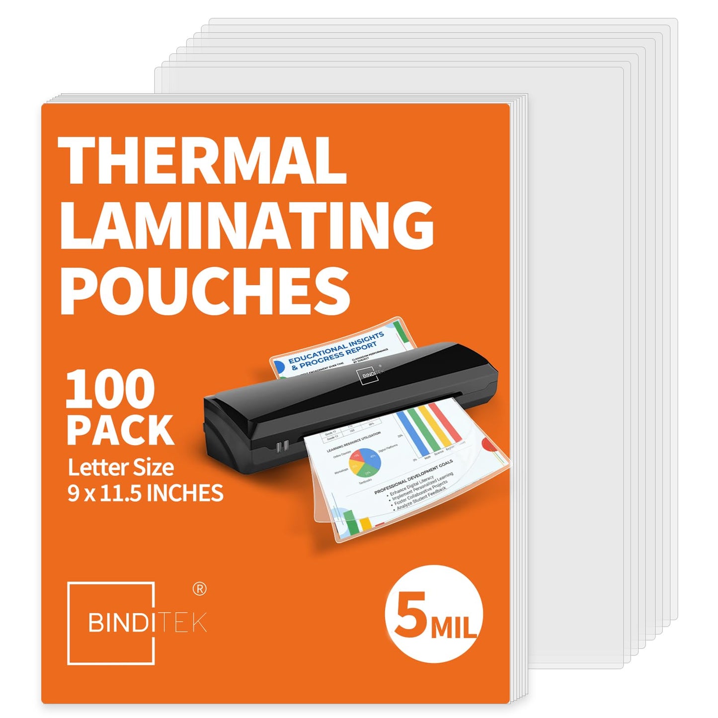 Binditek 11.5" x 9" Laminating Sheets 100 Pack Clear Glossy