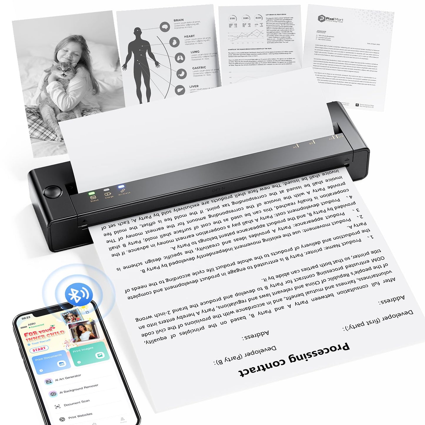 TATTMUSE A28U Portable Thermal Printer, 203 DPI, Monochrome, Bluetooth Connectivity, Lightweight 585g